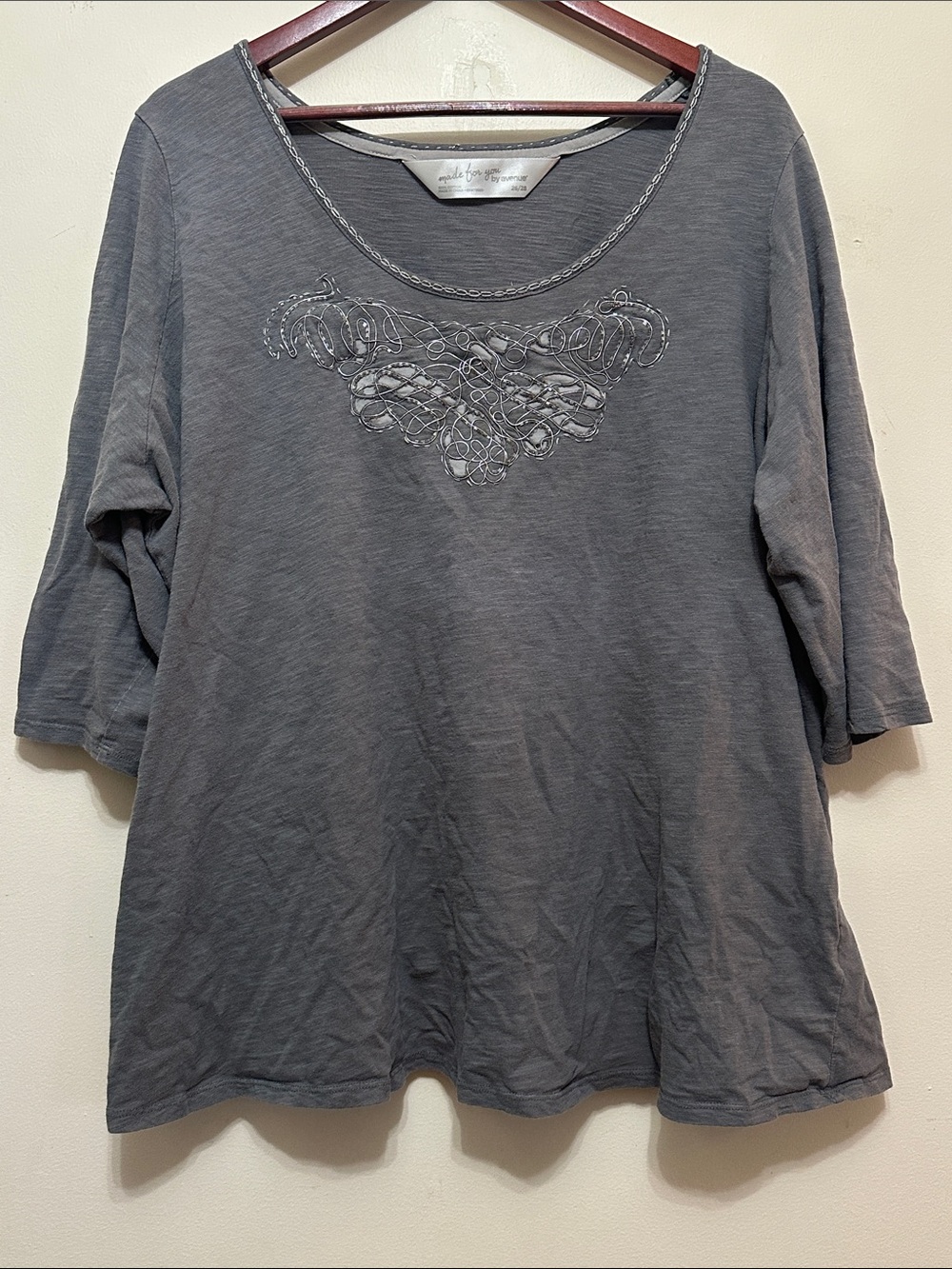Avenue Gray Scoop Neck Short Sleeve Tee with Embroidered Chest Detail